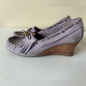 Vintage Sam Edelman Agelina Purple Lavender Suede Moccasin Wedge Heel 9.5